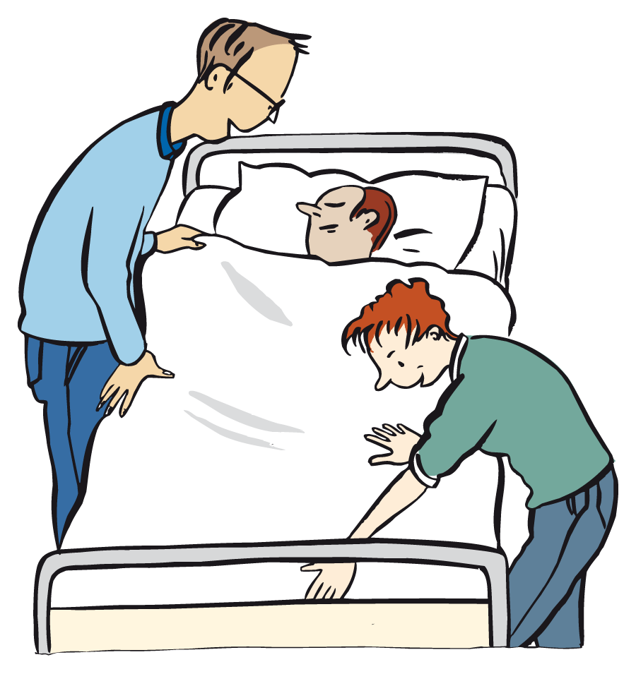 Ein gezeichnetes Bild: Zwei Pfleger helfen einem Patienten am Bett.