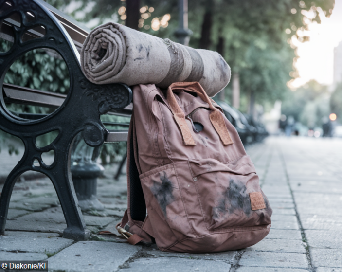 Ein Rucksack steht auf einer Parkbank.