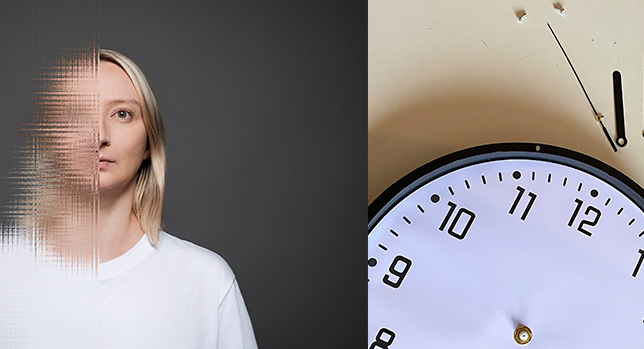 Linke Seite: Janet Thun mit einem verschwommenen Gesicht; rechte Seite: eine Uhr von Sophia Muriel